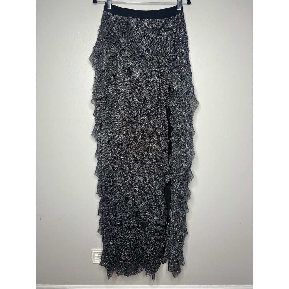 AKIRA Black Metallic Tiered Ruffle Tulle Maxi Skirt Slit Women's M Festval Glam